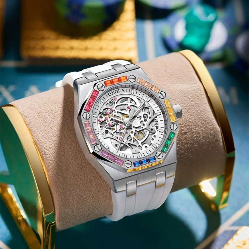 Luxury Skeleton Hollow Automatic Self-Wind Mechanical Watch Silicone Strap Waterproof Luminous dominate glacial vogue symbol contributory lease Watches Fashion Men Rainbow Diamond Bezel Wristwatch 