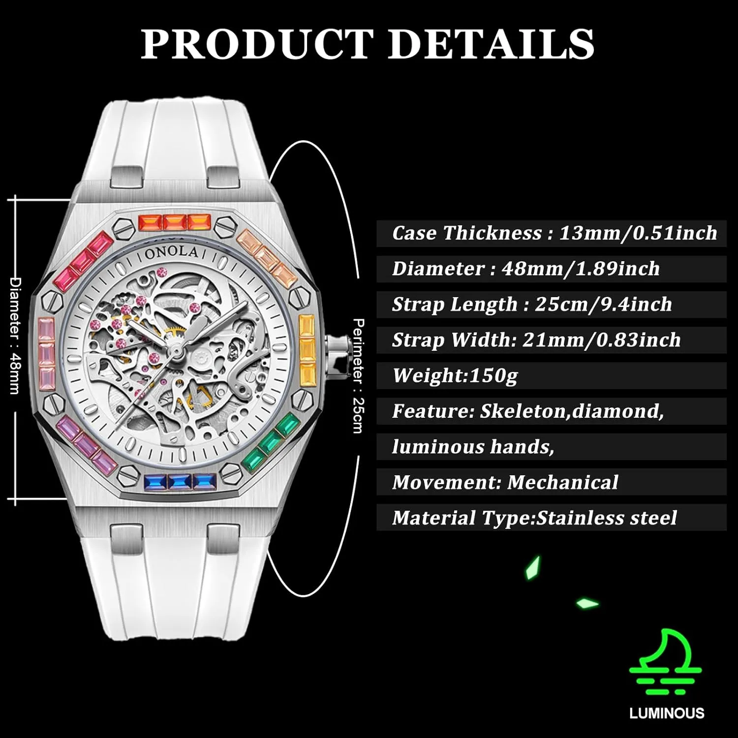 Luxury Skeleton Hollow Automatic Self-Wind Mechanical Watch Silicone Strap Waterproof Luminous dominate glacial vogue symbol contributory lease Watches Fashion Men Rainbow Diamond Bezel Wristwatch 