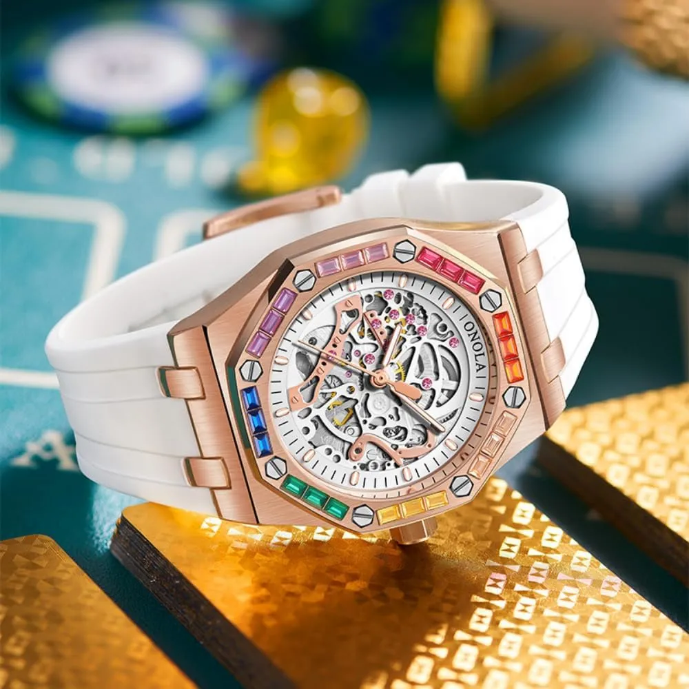 Luxury Skeleton Hollow Automatic Self-Wind Mechanical Watch Silicone Strap Waterproof Luminous dominate glacial vogue symbol contributory lease Watches Fashion Men Rainbow Diamond Bezel Wristwatch 