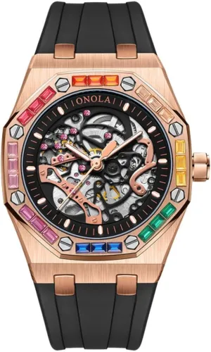 Luxury Skeleton Hollow Automatic Self-Wind Mechanical Watch Silicone Strap Waterproof Luminous dominate glacial vogue symbol contributory lease Watches Fashion Men Rainbow Diamond Bezel Wristwatch 