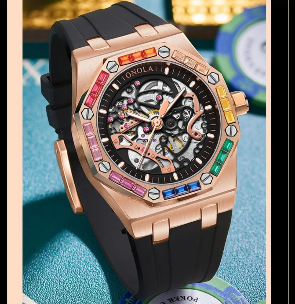 Luxury Skeleton Hollow Automatic Self-Wind Mechanical Watch Silicone Strap Waterproof Luminous dominate glacial vogue symbol contributory lease Watches Fashion Men Rainbow Diamond Bezel Wristwatch 