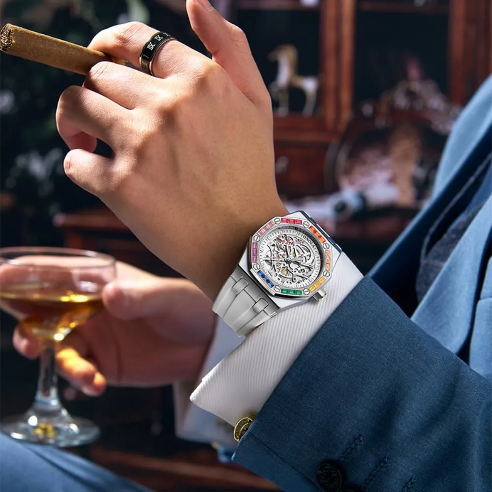Luxury Skeleton Hollow Automatic Self-Wind Mechanical Watch Silicone Strap Waterproof Luminous dominate glacial vogue symbol contributory lease Watches Fashion Men Rainbow Diamond Bezel Wristwatch 