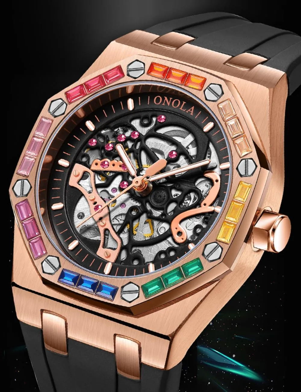 Luxury Skeleton Hollow Automatic Self-Wind Mechanical Watch Silicone Strap Waterproof Luminous dominate glacial vogue symbol contributory lease Watches Fashion Men Rainbow Diamond Bezel Wristwatch 