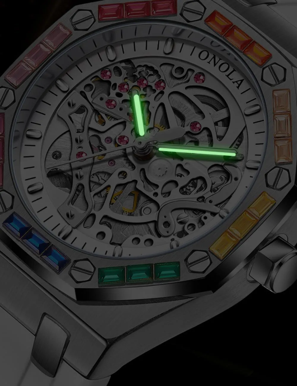 Luxury Skeleton Hollow Automatic Self-Wind Mechanical Watch Silicone Strap Waterproof Luminous dominate glacial vogue symbol contributory lease Watches Fashion Men Rainbow Diamond Bezel Wristwatch 