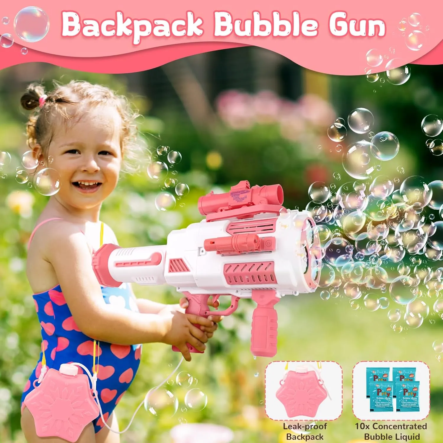 Machine Gun Portable Bubble Maker with Backpack, Anti-Leakage Bubble Blower Gun Gifts for wireless nineteen inanity worsen Boys Girls Age 3 4 5 6 7 8 9 10 11 12 Years Old (Pink) Bubble Gun, Upgrade Gatling Bubble 