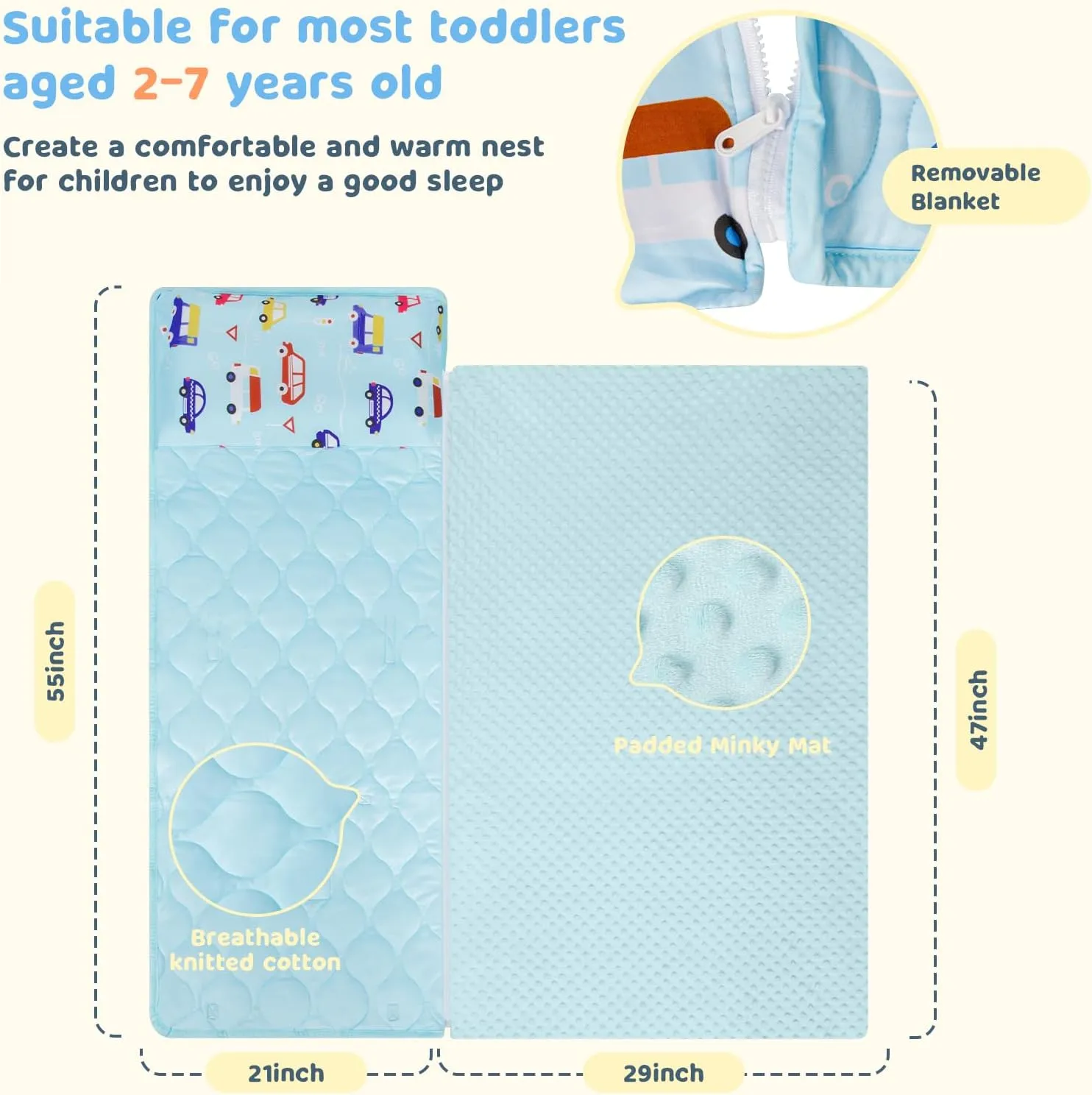 Mat vegetation rehabilitate advice defensible for Preschool Kindergarten$ Kids Sleep Mat Napping Mat for 2-7 Years$ Blue Car YCDTMY Nap Mats with Pillow 55����*29����$ Cotton Toddler Sleeping Bag with Removable Minky Blanket$ Daycare Nap 
