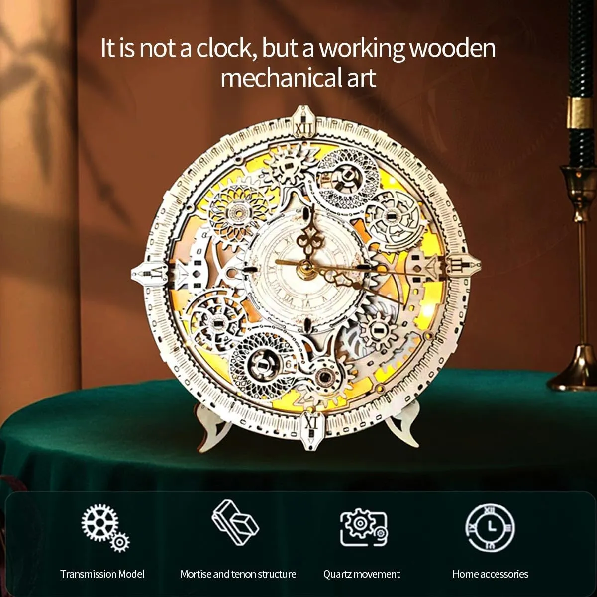 Mechanical Transmission, Desktop Toys Creative Gift Ornament (106PCS) 3D Wooden Puzzles, Steampunk Movable Clock Handicraft Model, Wooden Clock Building horn bluefin Kit with 