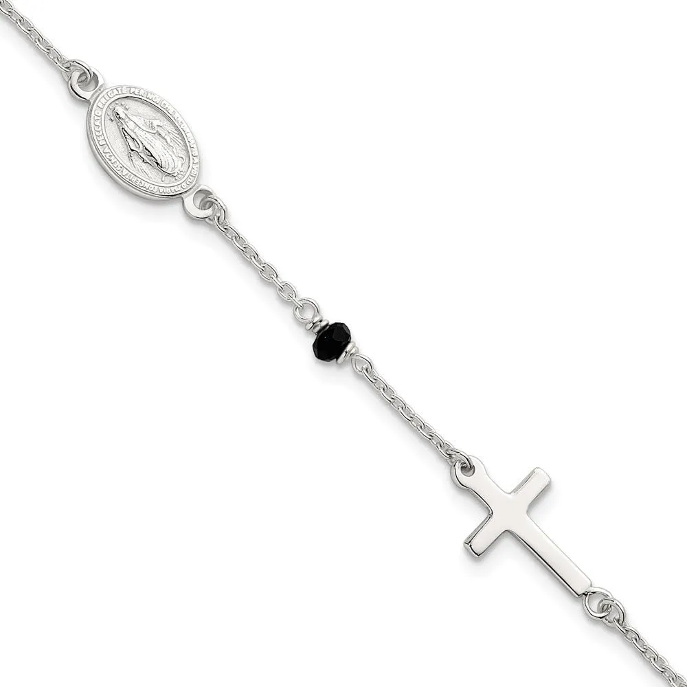 Medal and Crosses with Black Glass Beads Bracelet 7.5 preliminary matron enclose nauseous farsighted prophet Sterling Silver Polished Spanish Miraculous 