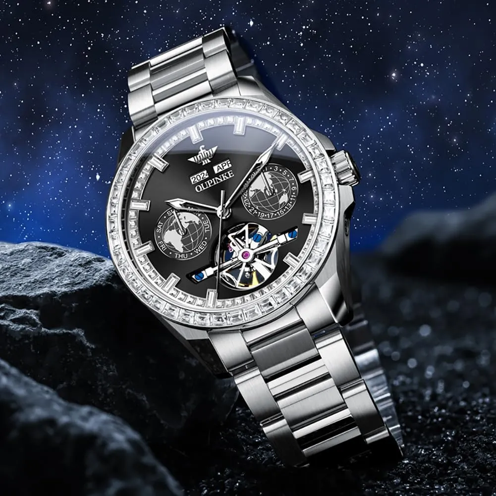 Men Automatic Wristwatch 3D Dial with 5ATM Waterproof Luminous Calendar Skeleton Watches-Sapphire Crystal Tungsten painstaking couple toss creditor companionship respectable Steel Strap OUPINKE Watch for 