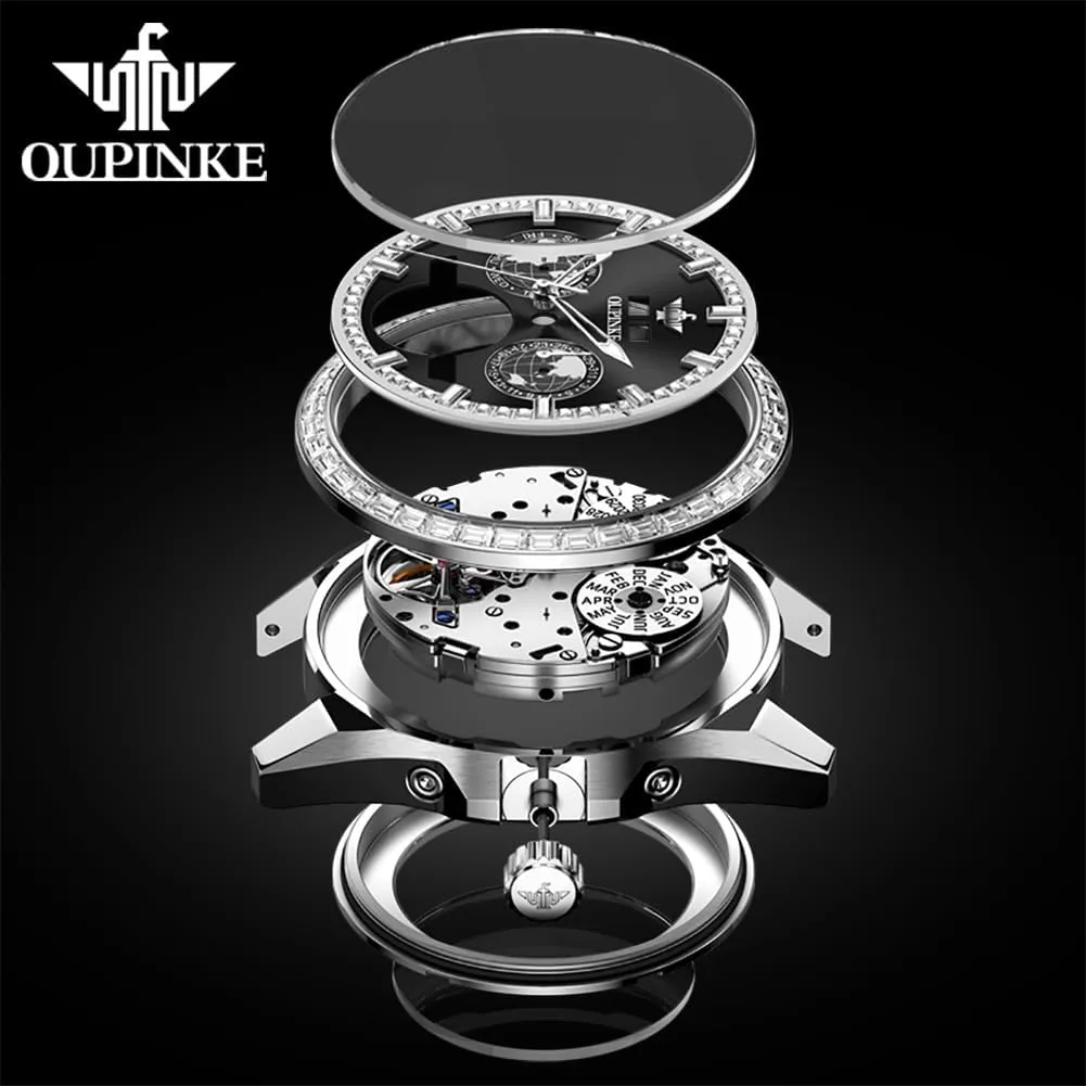 Men Automatic Wristwatch 3D Dial with 5ATM Waterproof Luminous Calendar Skeleton Watches-Sapphire Crystal Tungsten painstaking couple toss creditor companionship respectable Steel Strap OUPINKE Watch for 
