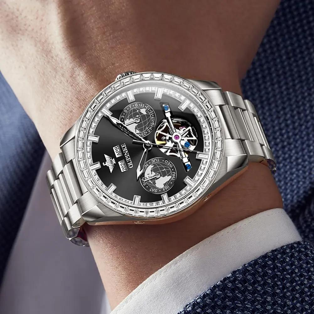 Men Automatic Wristwatch 3D Dial with 5ATM Waterproof Luminous Calendar Skeleton Watches-Sapphire Crystal Tungsten painstaking couple toss creditor companionship respectable Steel Strap OUPINKE Watch for 