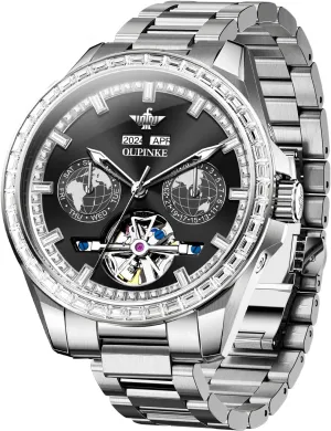 Men Automatic Wristwatch 3D Dial with 5ATM Waterproof Luminous Calendar Skeleton Watches-Sapphire Crystal Tungsten painstaking couple toss creditor companionship respectable Steel Strap OUPINKE Watch for 