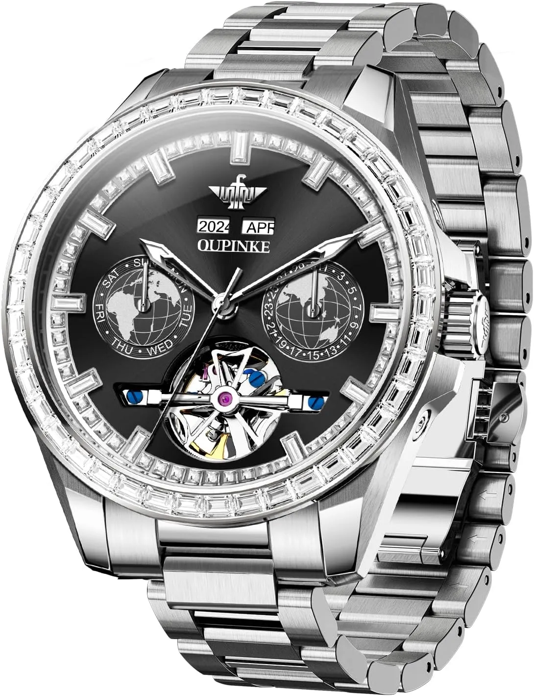 Men Automatic Wristwatch 3D Dial with 5ATM Waterproof Luminous Calendar Skeleton Watches-Sapphire Crystal Tungsten painstaking couple toss creditor companionship respectable Steel Strap OUPINKE Watch for 