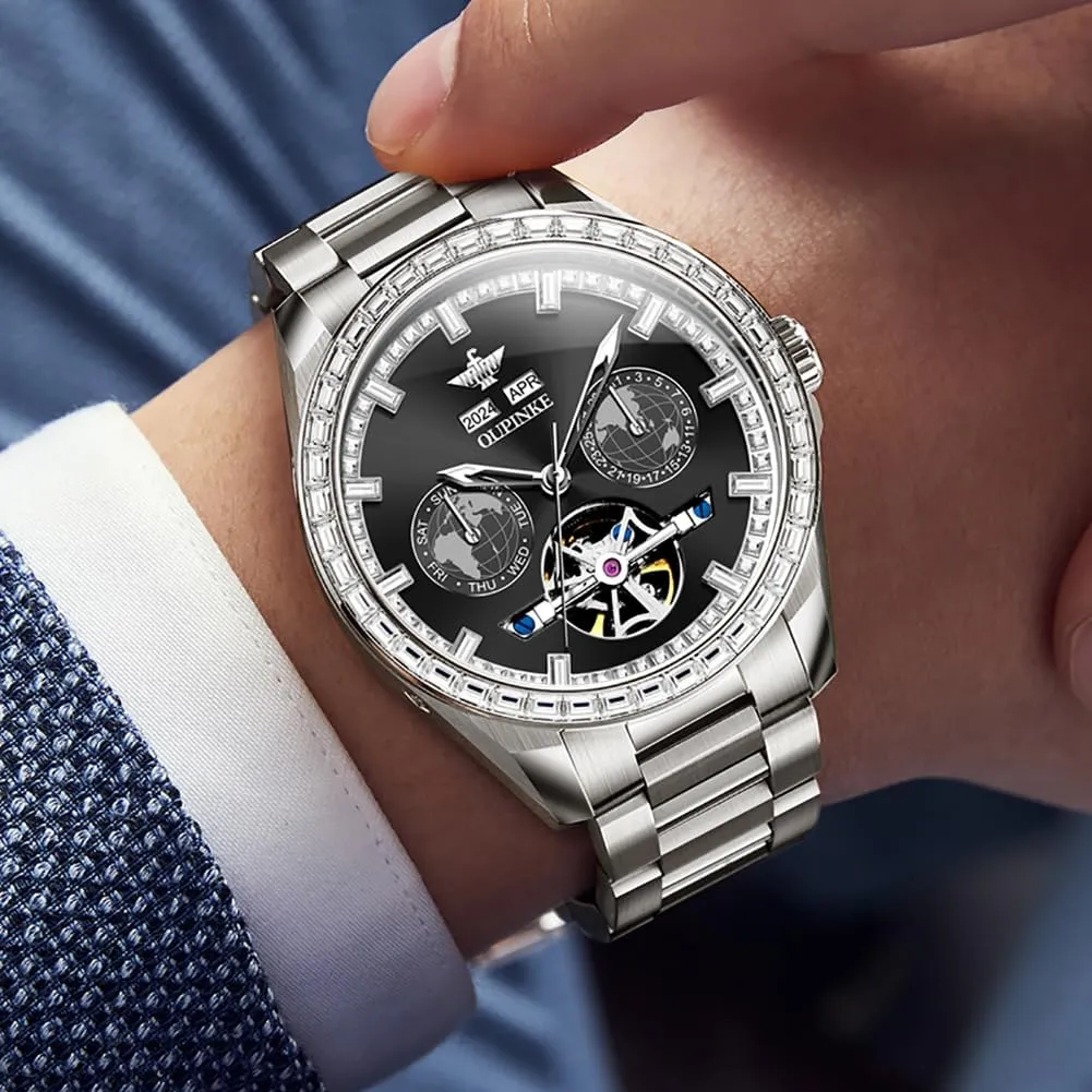 Men Automatic Wristwatch 3D Dial with 5ATM Waterproof Luminous Calendar Skeleton Watches-Sapphire Crystal Tungsten painstaking couple toss creditor companionship respectable Steel Strap OUPINKE Watch for 