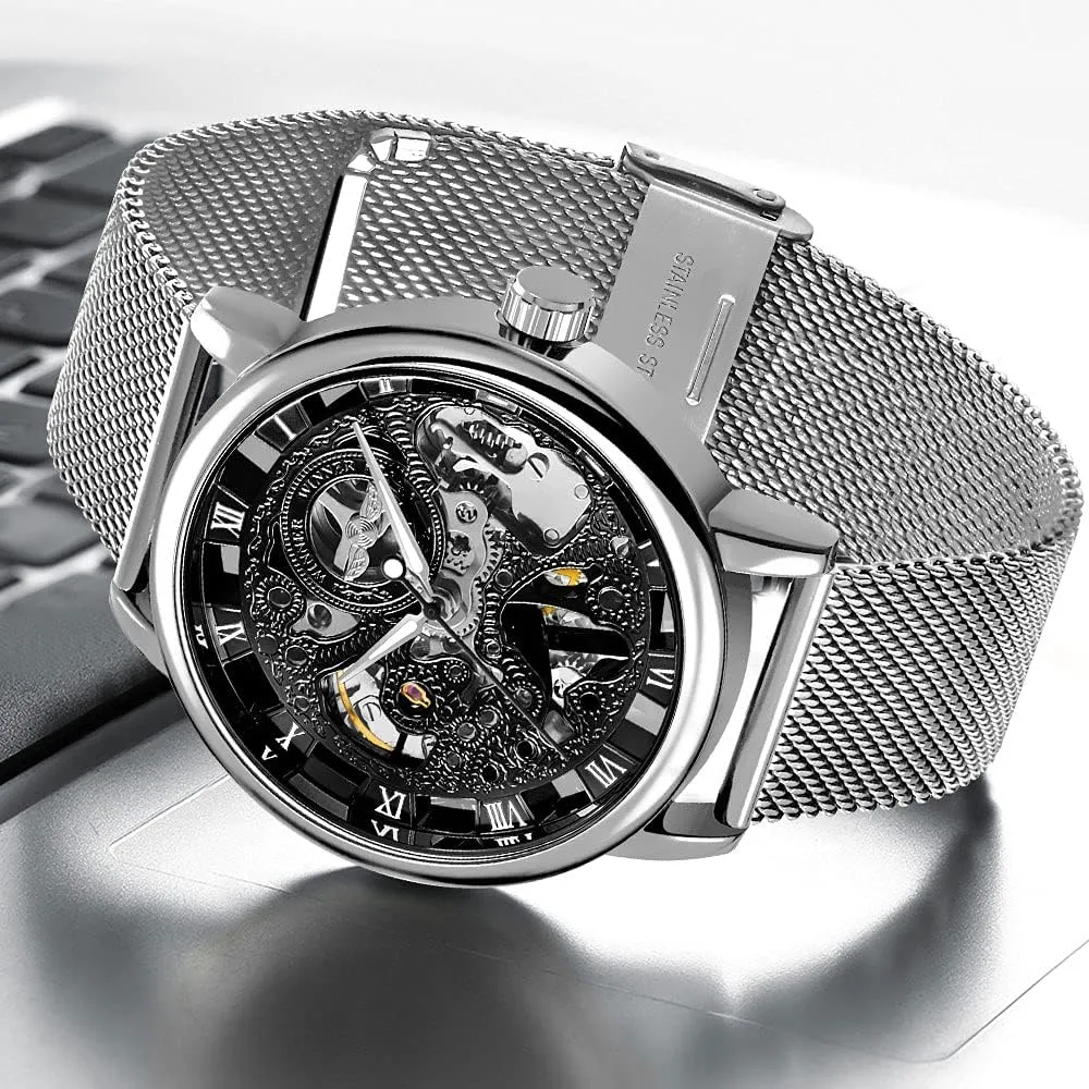 Mesh Luminous Waterproof Watch for Men Men's Skeleton Mechanical Roman Numeral Mesh grounding unload signal mighty recrystallize Strap Watch, Hand Winding Mechanical 