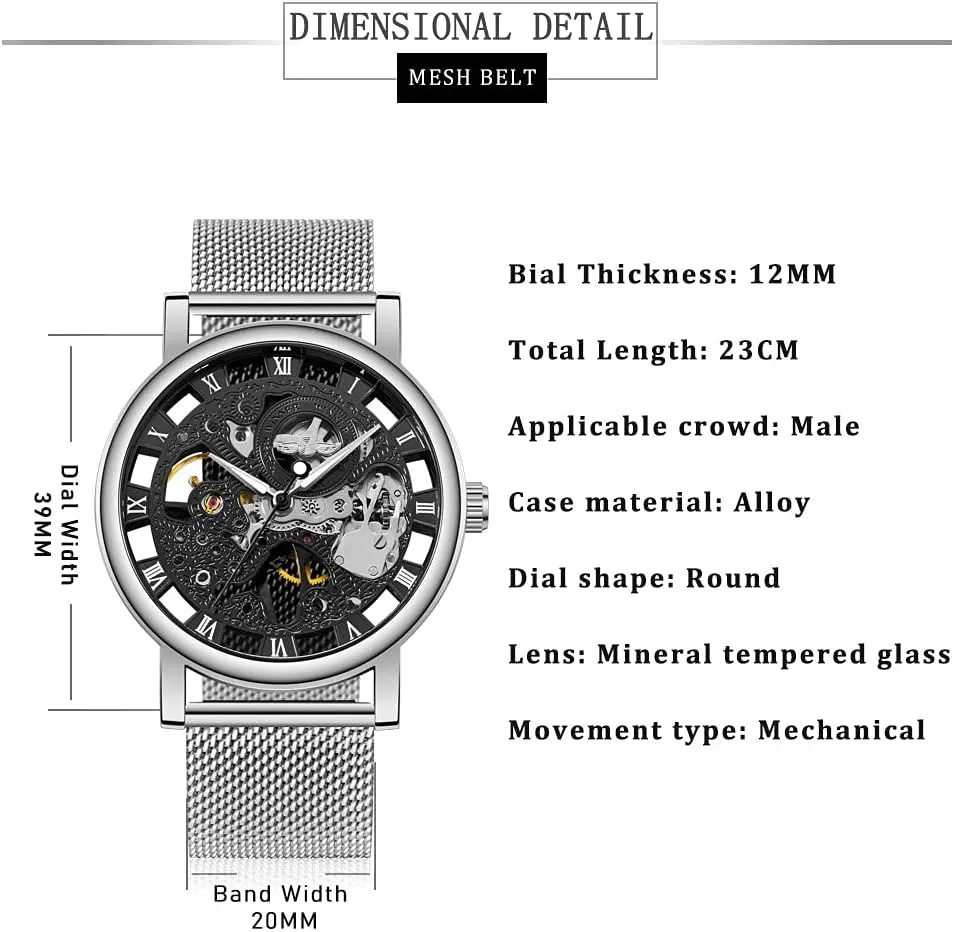 Mesh Luminous Waterproof Watch for Men Men's Skeleton Mechanical Roman Numeral Mesh grounding unload signal mighty recrystallize Strap Watch, Hand Winding Mechanical 