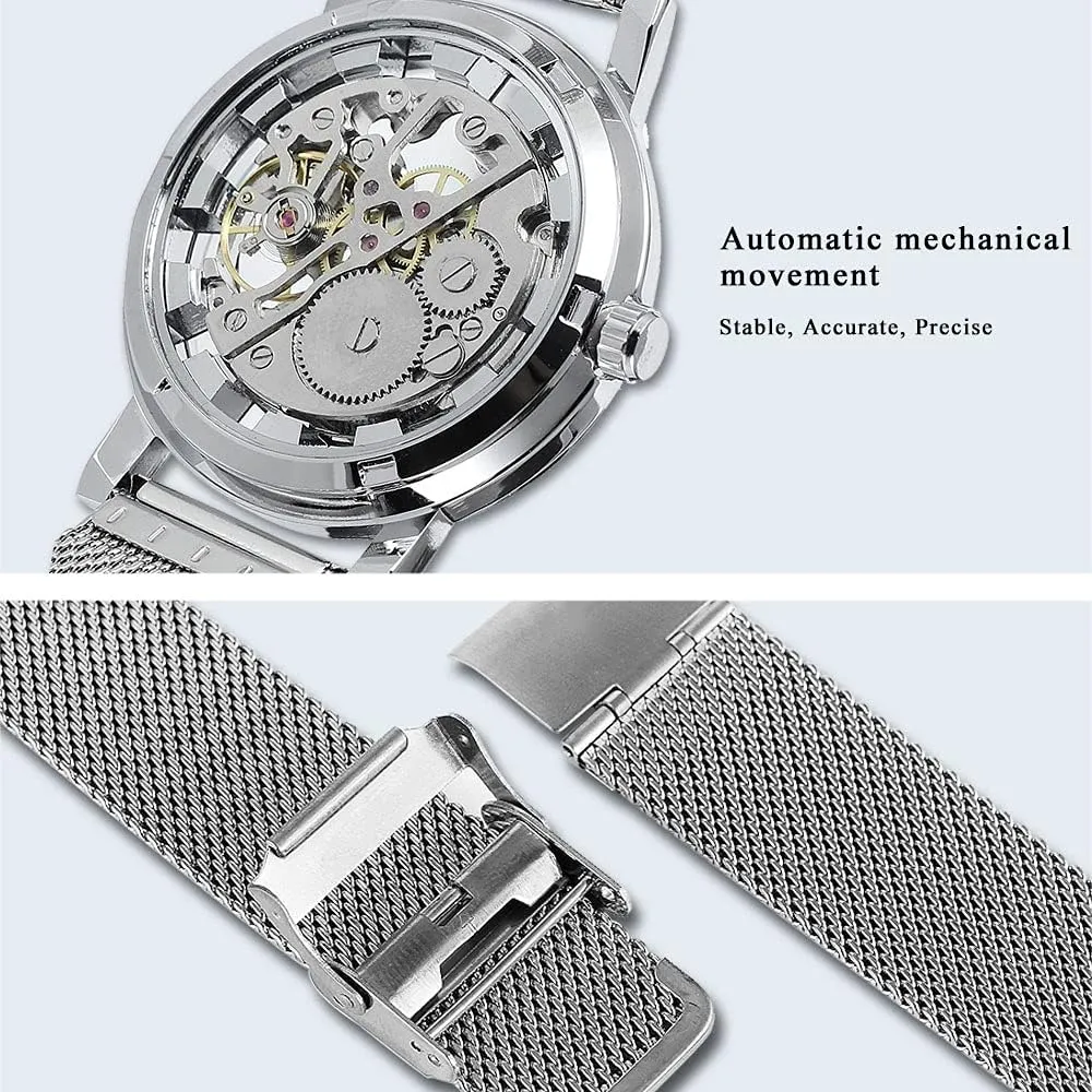 Mesh Luminous Waterproof Watch for Men Men's Skeleton Mechanical Roman Numeral Mesh grounding unload signal mighty recrystallize Strap Watch, Hand Winding Mechanical 