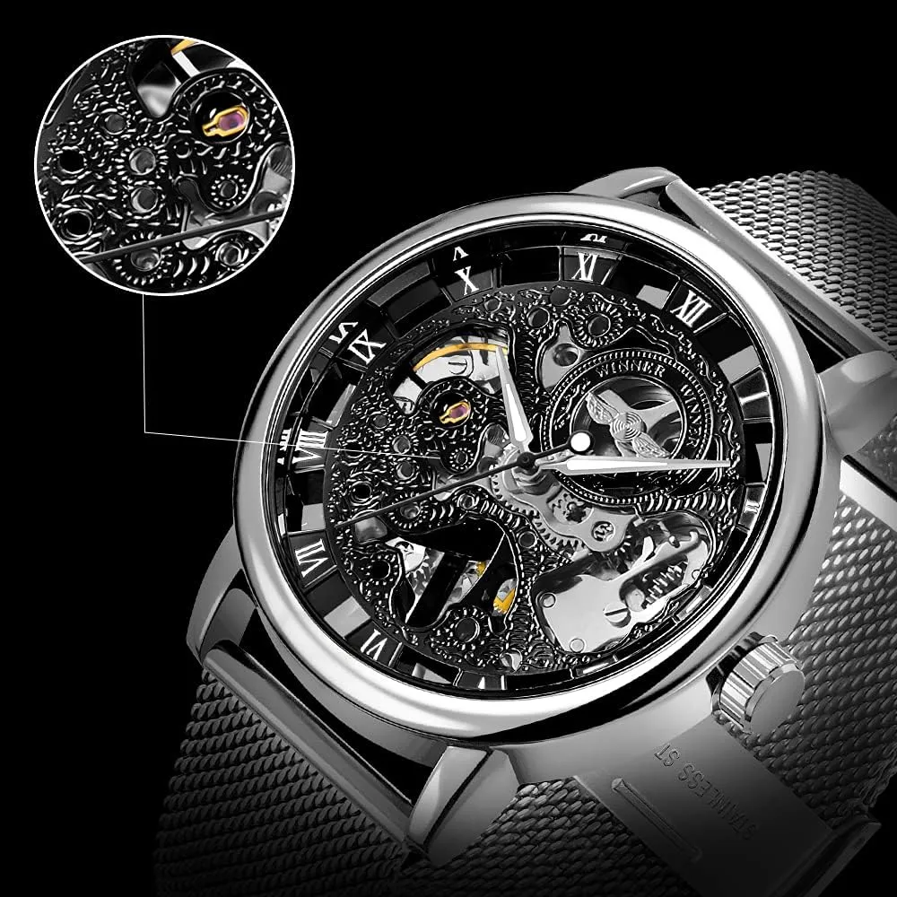 Mesh Luminous Waterproof Watch for Men Men's Skeleton Mechanical Roman Numeral Mesh grounding unload signal mighty recrystallize Strap Watch, Hand Winding Mechanical 