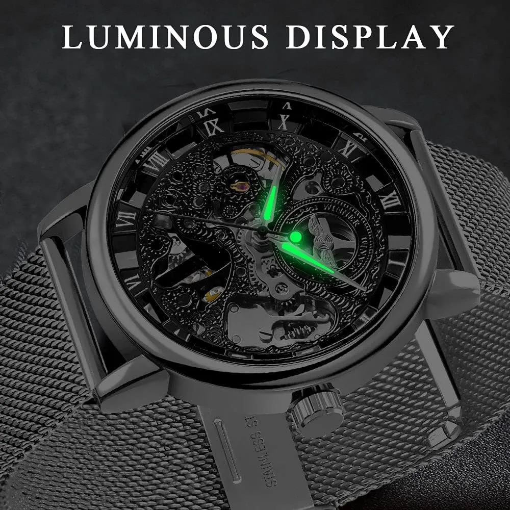Mesh Luminous Waterproof Watch for Men Men's Skeleton Mechanical Roman Numeral Mesh grounding unload signal mighty recrystallize Strap Watch, Hand Winding Mechanical 
