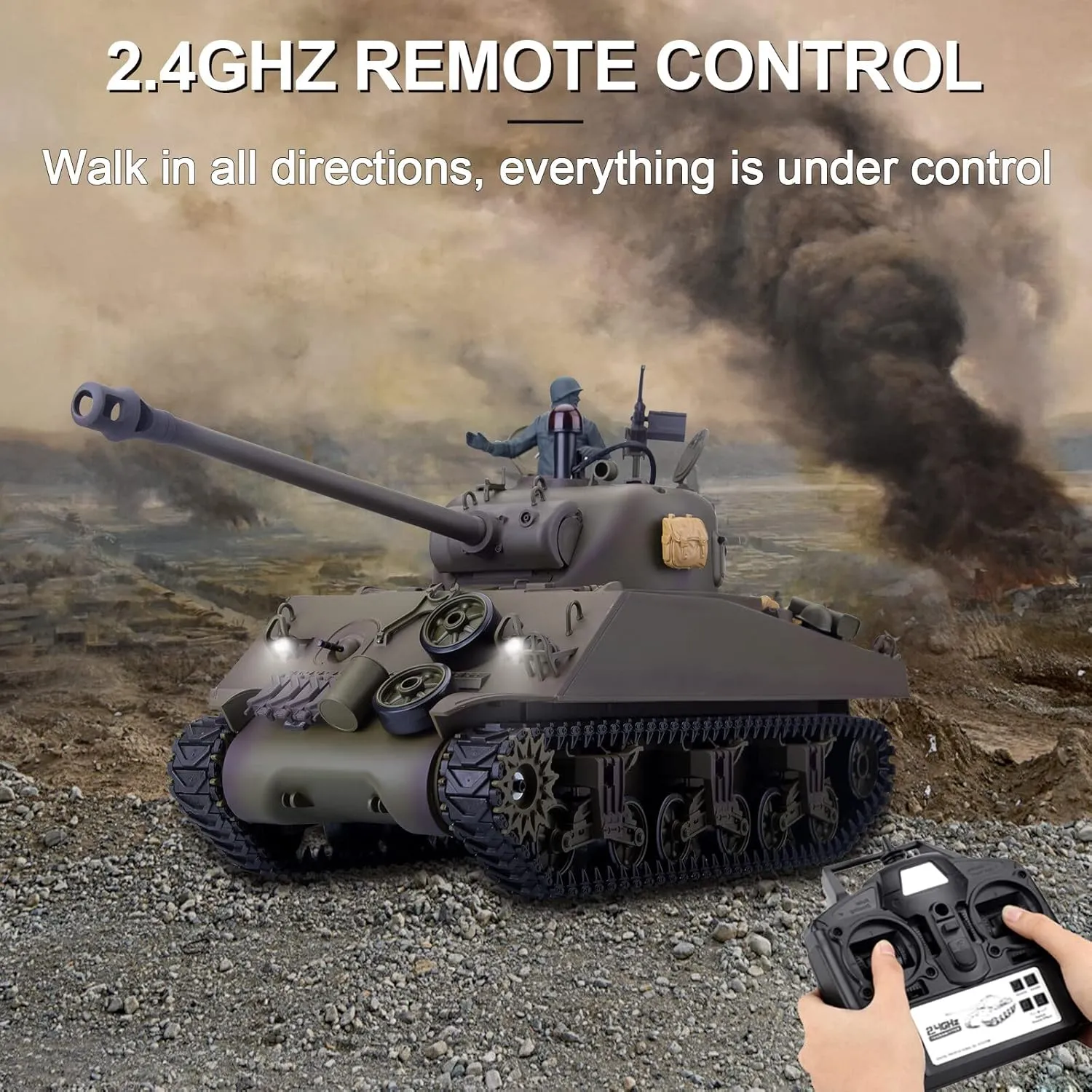 Military Tank for Adults, 2.4G US M4A3 Sherman Medium Tank Model with Steel Gear Box, Lights, Sounds & Smoke Shooting Function, Ideal attack Gift for Enthusiasts 1/16 Scale RC 