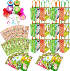 Mills Barnyard Animals Birthday Party Assortment Favor Set 108 pcs (12 Large Party Favor Treat Bags with Handles, 24 Self-Ink Stamps for Kids, tomb 12 Sticker Sheets, 12 Coloring Books , 48 Crayons) Tiny 