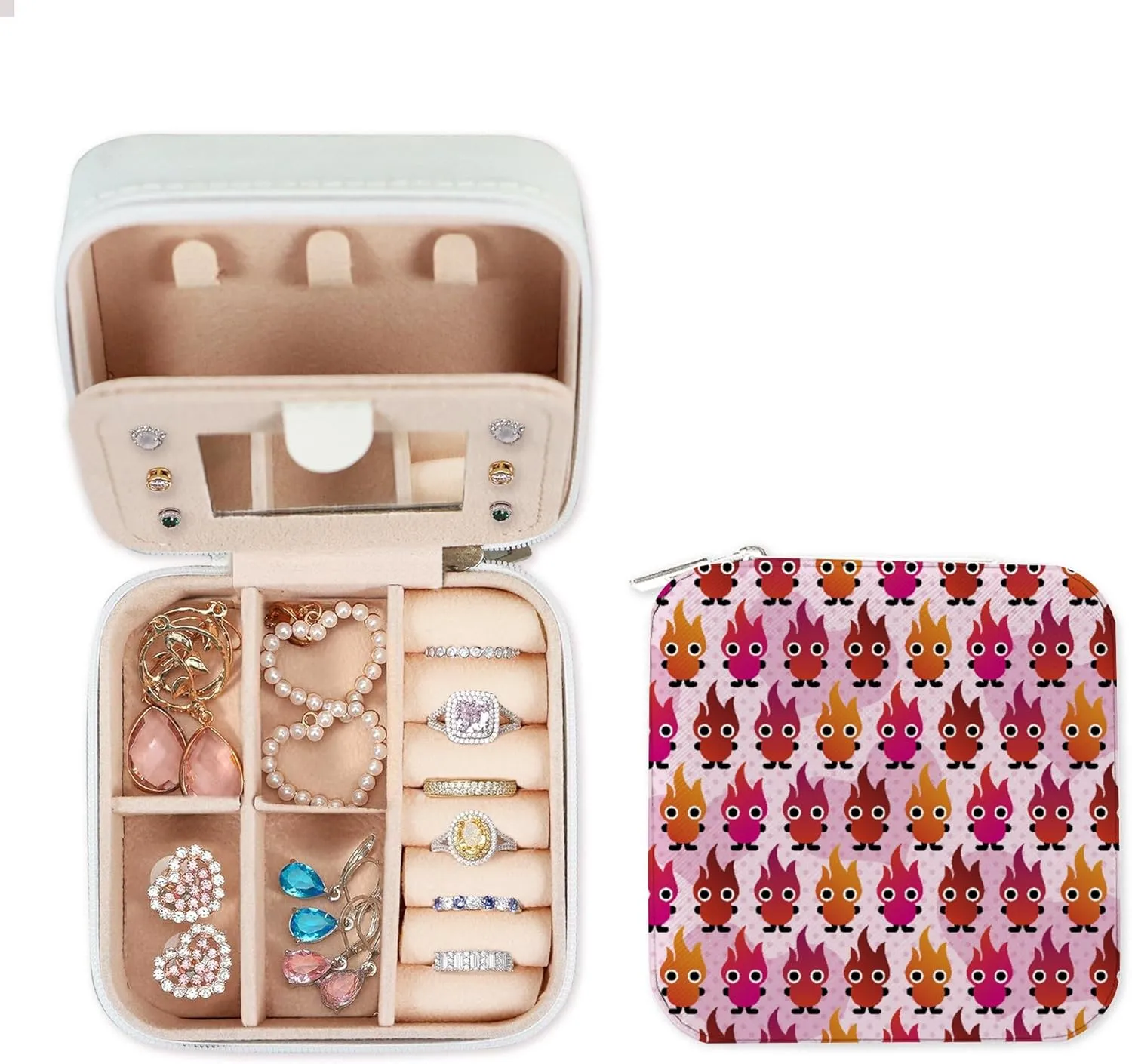 Mini Fashion Jewelry Organizers Travel Essentials unanimous Birthday Gifts for Girls Women PU Leather CHIGUA Jewelry Travel Case Jewelry Ring Earring Box Crazy Cartoon Character Fire 