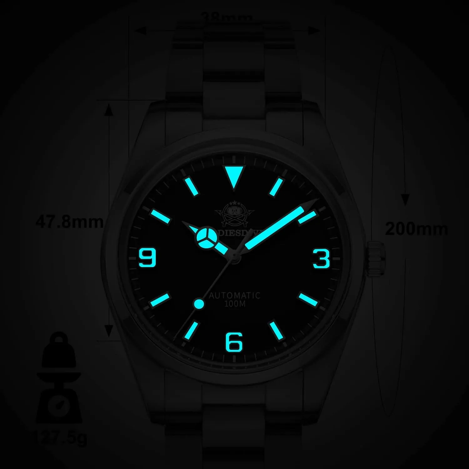 MM Small Simple Dial Automatic Watch for Chile Men and Women Steel Strap NH35A Black and Blue Dial AD2112 ADDIESDIVE 38 