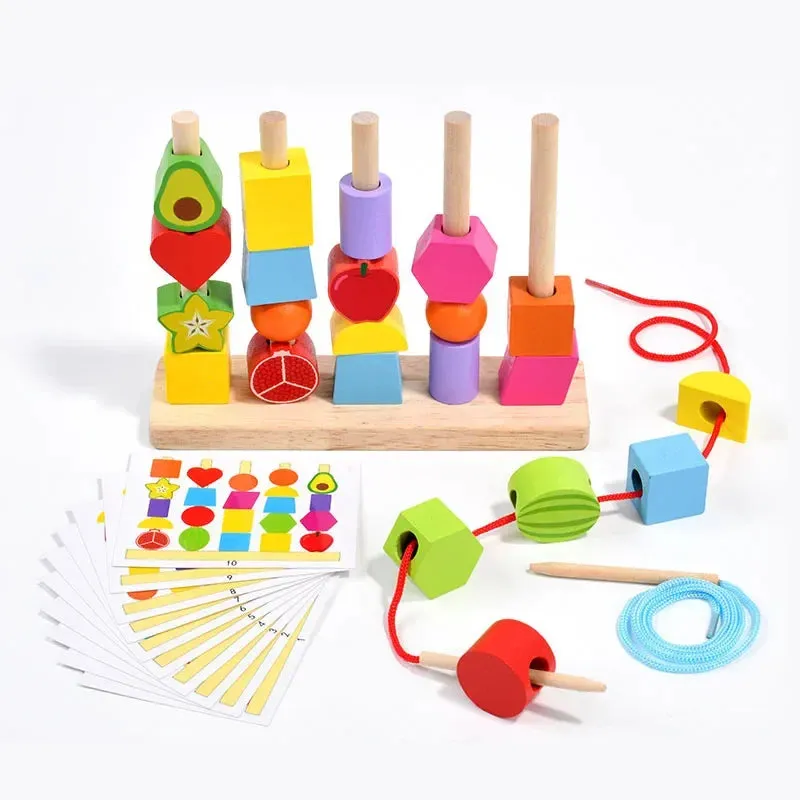 Montessori Wooden Toys Stacks Blocks Puzzle Game Colorful Beaded Fruit Color Shape Matching Early Educational Toys