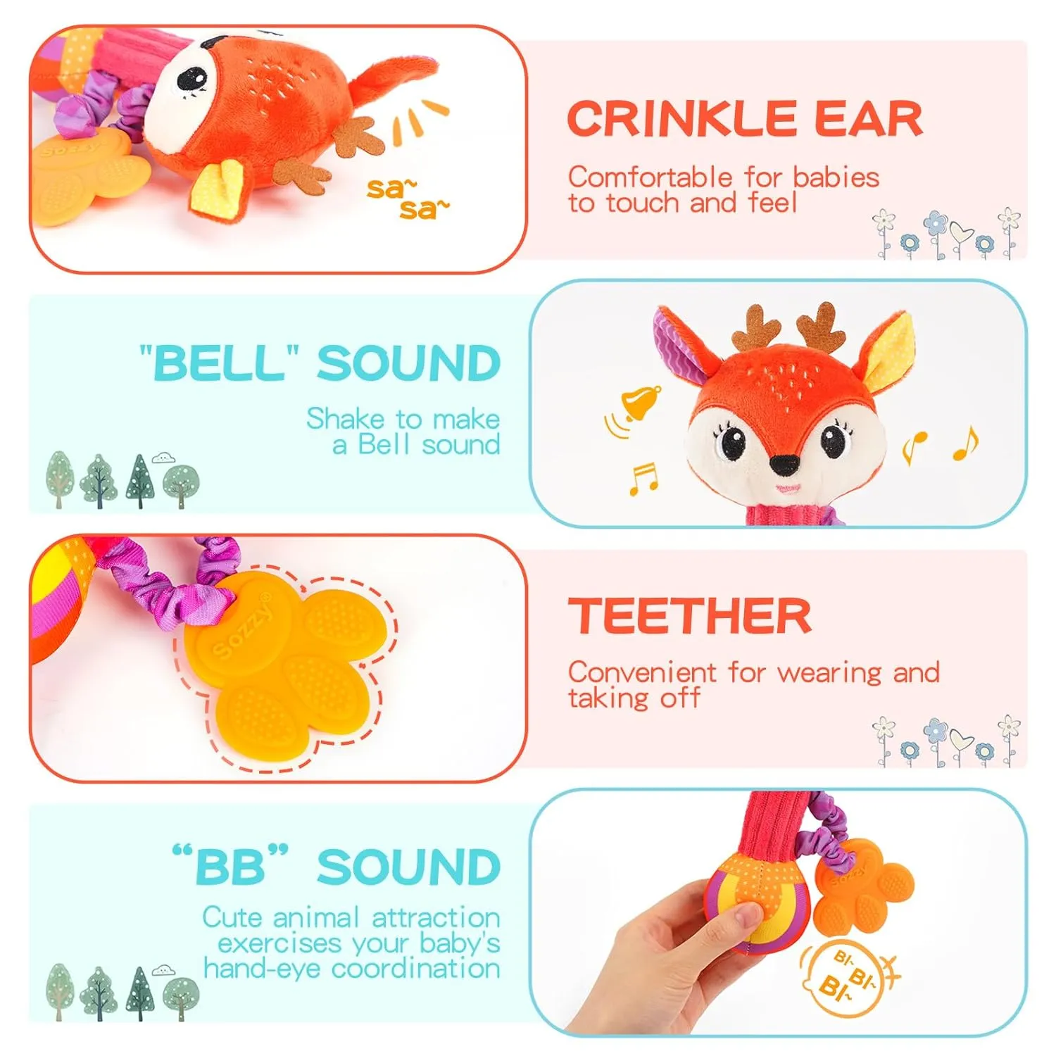months, Set of 2 rattles for babies 0-6 months, superb Soft Stuffed Animal Rattle Hand Grip Baby Toys, baby rattle Shaker Crinkle Squeaky Sensory Travel Accessories for 0 3 6 9 12 Months old Baby rattles 0-6 