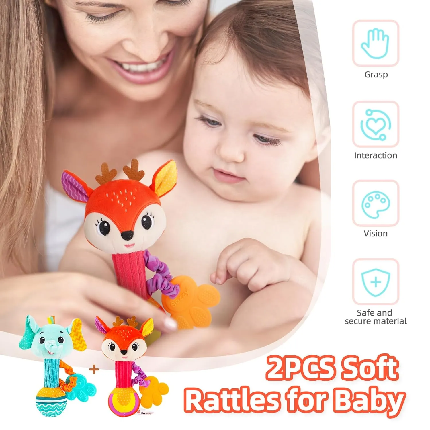 months, Set of 2 rattles for babies 0-6 months, superb Soft Stuffed Animal Rattle Hand Grip Baby Toys, baby rattle Shaker Crinkle Squeaky Sensory Travel Accessories for 0 3 6 9 12 Months old Baby rattles 0-6 