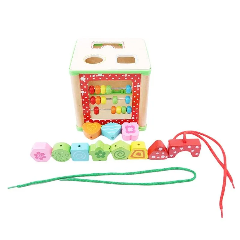 Multifunction Four Sides Treasure Chest Beaded Box Wooden Colorful Bead Math Toy Learning Education Toys For Children