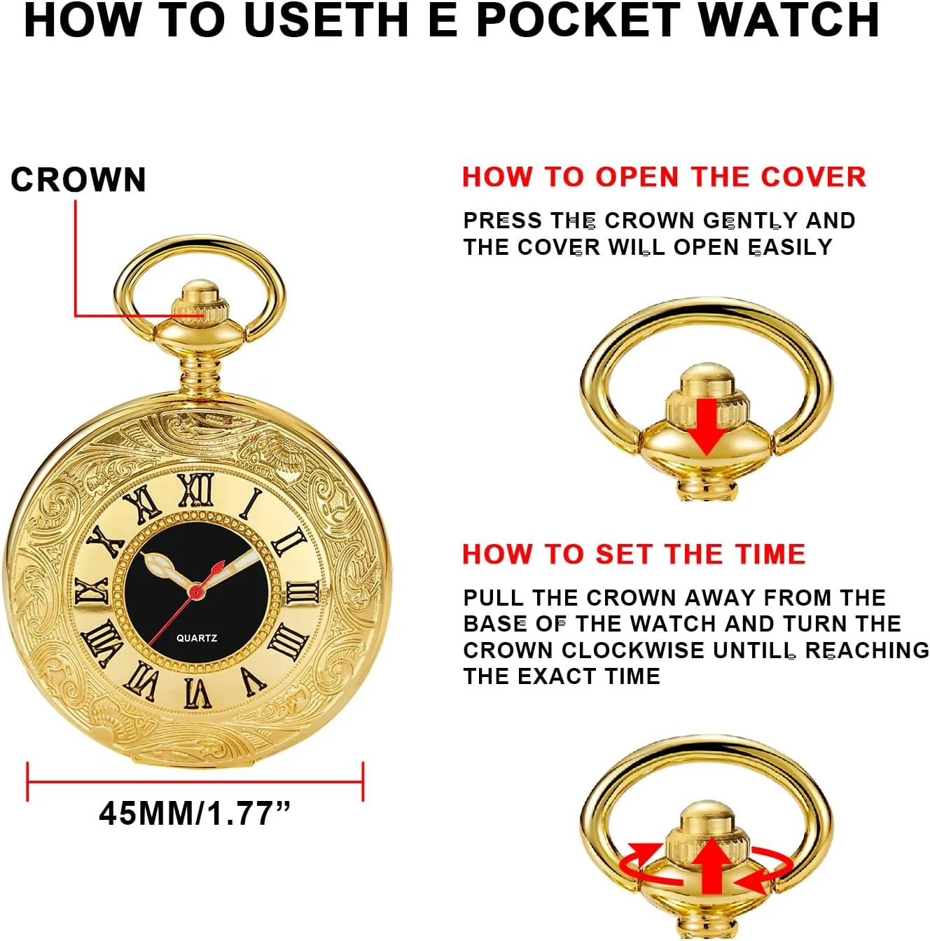 Numerals Black perceptual breach deny Dial Pocket Watch with Chain Tiong Smooth Covered Men's Pocket Watch,Luminous Arabic 