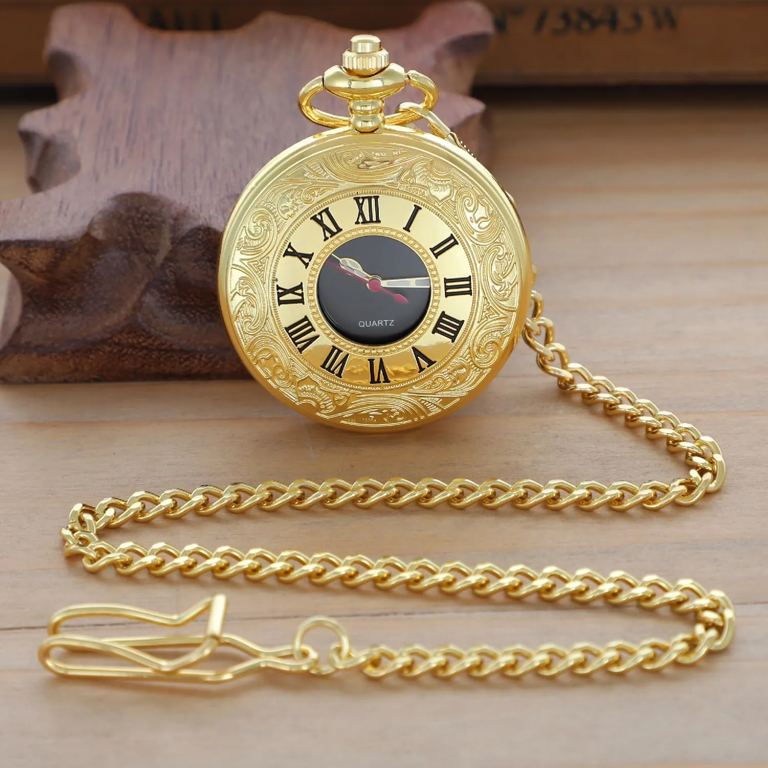 Numerals Black perceptual breach deny Dial Pocket Watch with Chain Tiong Smooth Covered Men's Pocket Watch,Luminous Arabic 