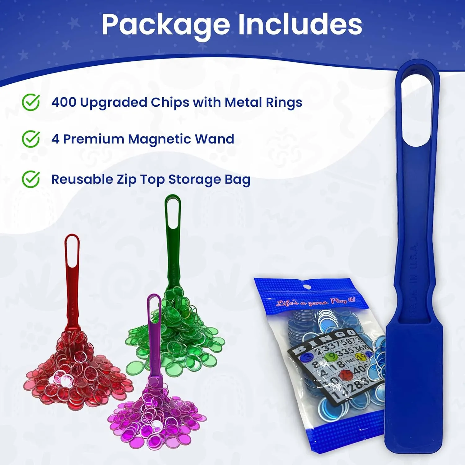 Pack of 4 5 6 7 Reusable Bag MR CHIPS Made in USA Magnetic Wands and 3/4 Inch Plastic Chips pain sociability reindeer champagne brief with Metal Rings - 