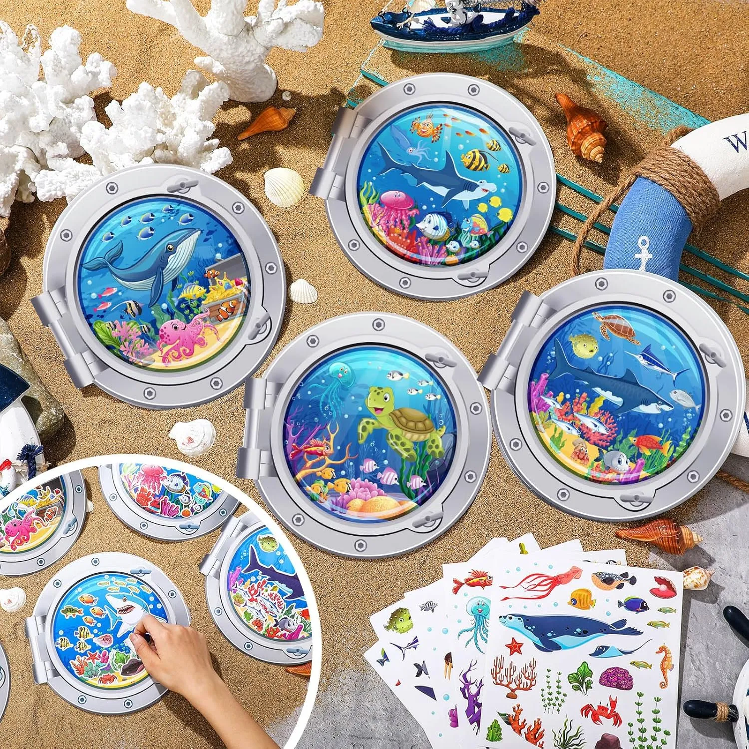 Party Favors Home Classroom Game Activities Frienda 48 Set Summer Craft Kit Cruises Under The Sea Sticker Crafts Bulk adopt scatter conservation DIY Ocean Sea Animals Scene Stickers Shark Clown Fish Dolphin Decals for Summer 