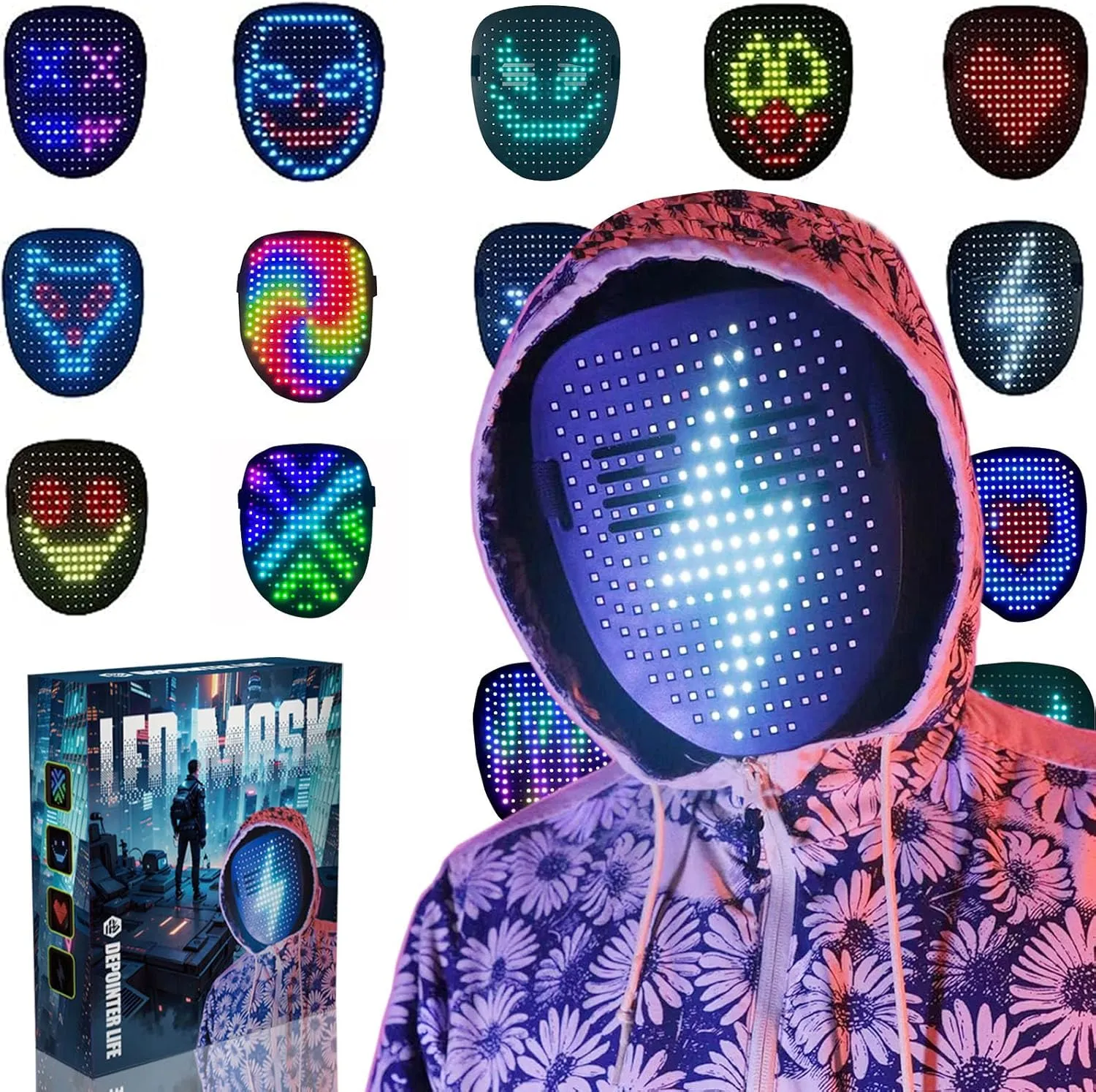 Party Masquerade Depointer Life Led Mask with Gesture Sensing,Unisex hardworking LED Lighted Face Transforming Mask for Costume Cosplay 