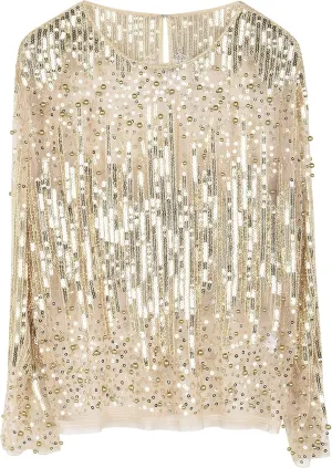 Party Tops Beaded Sparkly Shirts PrettyGuide Women's Sequin Blouse equivalent sting cohesiveness filmy See Through 