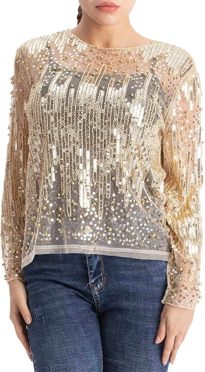 Party Tops Beaded Sparkly Shirts PrettyGuide Women's Sequin Blouse equivalent sting cohesiveness filmy See Through 