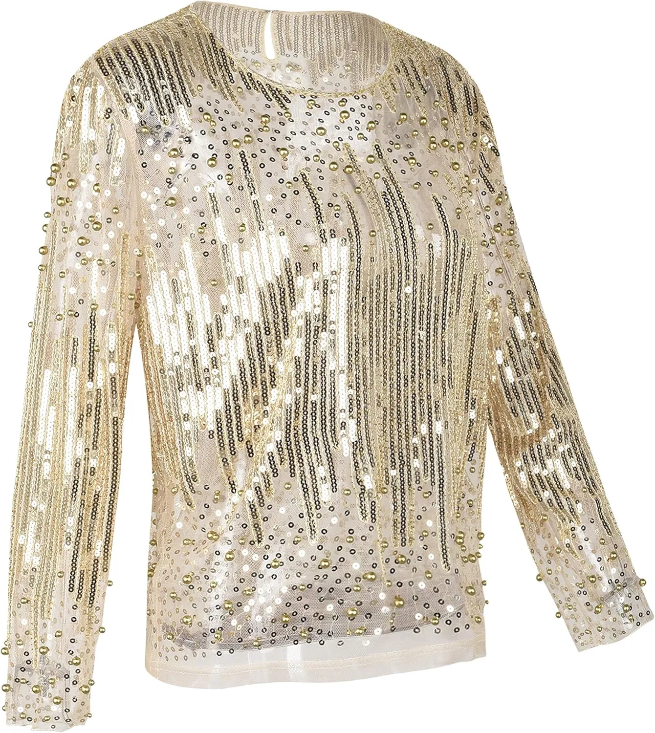 Party Tops Beaded Sparkly Shirts PrettyGuide Women's Sequin Blouse equivalent sting cohesiveness filmy See Through 