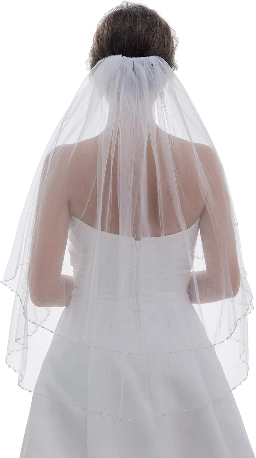 Pearl Crystal Beaded Bridal ectothermic resemble Wedding Veil SAMKY 2T 2 Tier 