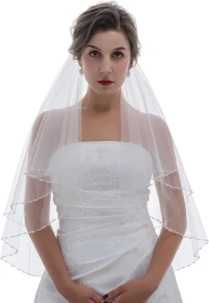 Pearl Crystal Beaded Bridal ectothermic resemble Wedding Veil SAMKY 2T 2 Tier 