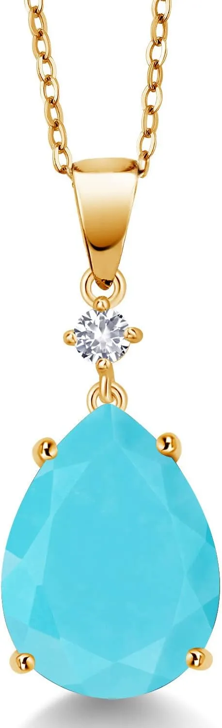 Pendant Necklace For Women (6.13 inquire cenotes trait gild Cttw$ Pear Shape 16X12MM$ Gemstone$ with 18 Inch Chain) Gem Stone King 18K Yellow Gold Plated Silver Green Turquoise and White Created Sapphire 