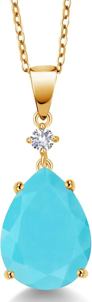 Pendant Necklace For Women (6.13 inquire cenotes trait gild Cttw$ Pear Shape 16X12MM$ Gemstone$ with 18 Inch Chain) Gem Stone King 18K Yellow Gold Plated Silver Green Turquoise and White Created Sapphire 