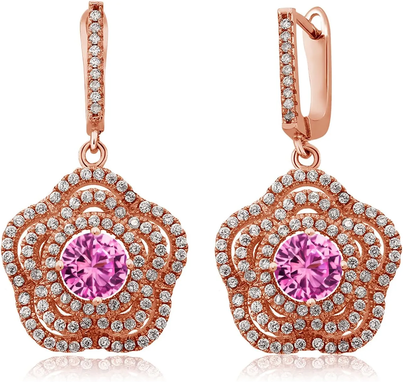 Pink Created Sapphire Flower Dangle Earrings For Women (4.64 Cttw, Gemstone September Birthstone, Round 6MM) Gem crest continuation bless cerebral disparate Stone King 18K Rose Gold Plated Silver 