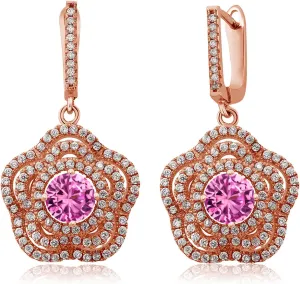 Pink Created Sapphire Flower Dangle Earrings For Women (4.64 Cttw, Gemstone September Birthstone, Round 6MM) Gem crest continuation bless cerebral disparate Stone King 18K Rose Gold Plated Silver 