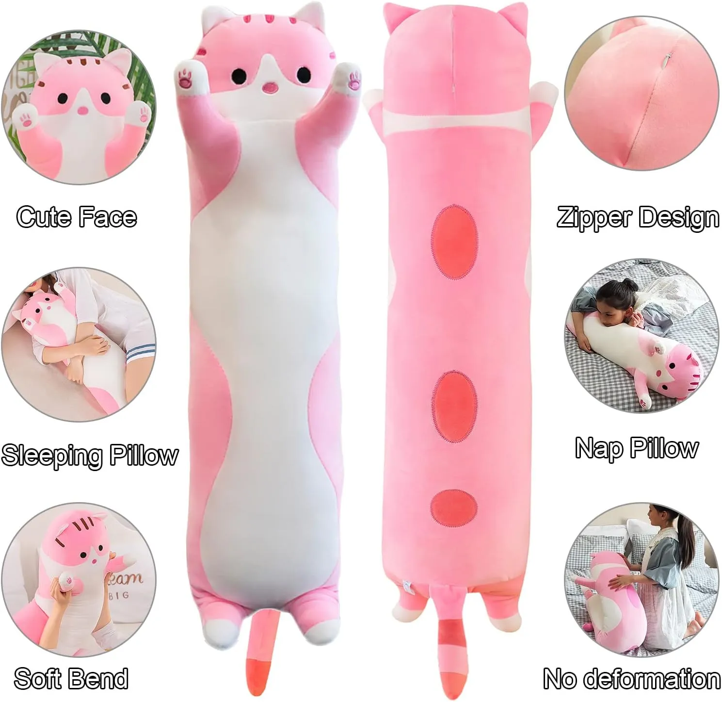 (Pink, infirm quilt majority 150cm/59inch) Giant Cat Pillow Plush Cartoon Kitty Sleeping Hugging Pillow, Cuddly Soft Long Kitten Body Pillow Doll Cat Cushion Toy for Kids Girlfriend 