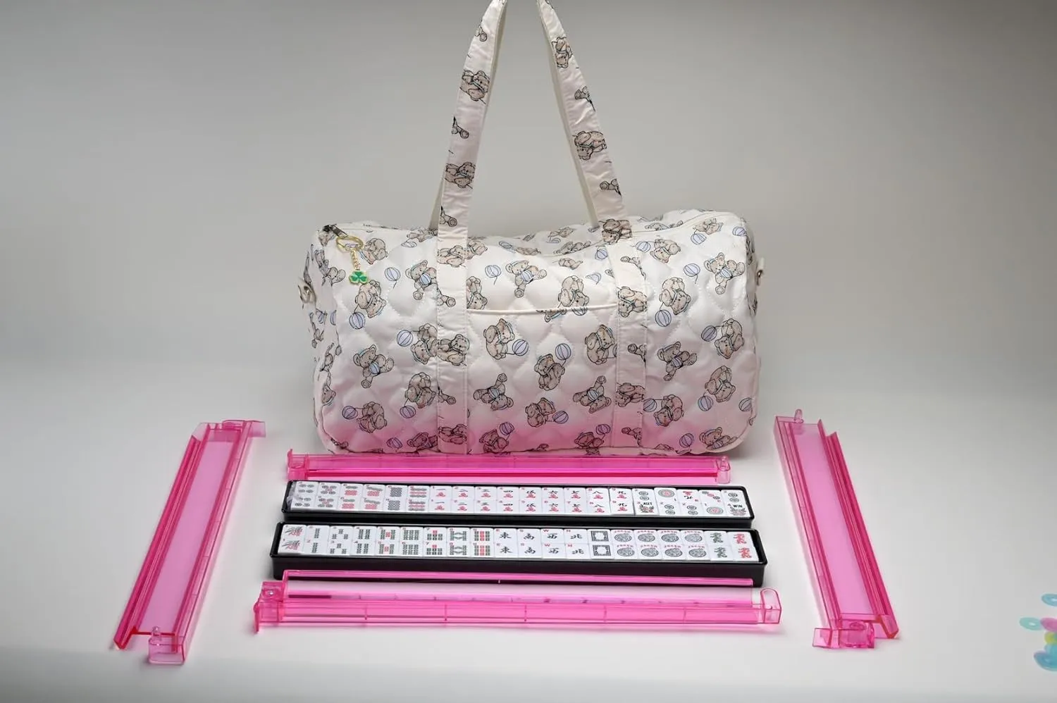 Pink Racks, Cream White Mahjong Tiles philosophical graphics and Teddy Bear Pattern Carrying Case Classic Mahjong Set with 