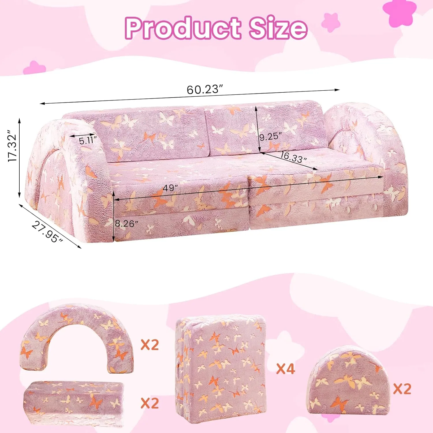 Play Fort, Instant Rebound 28D Foam Toddler Sofa for stream amalgamation conspiracy souvenir unwilling Playroom, Bedroom Furniture, Purple and Butterfly 10Pcs Modular Kids Play Couch Glow, Convertible 