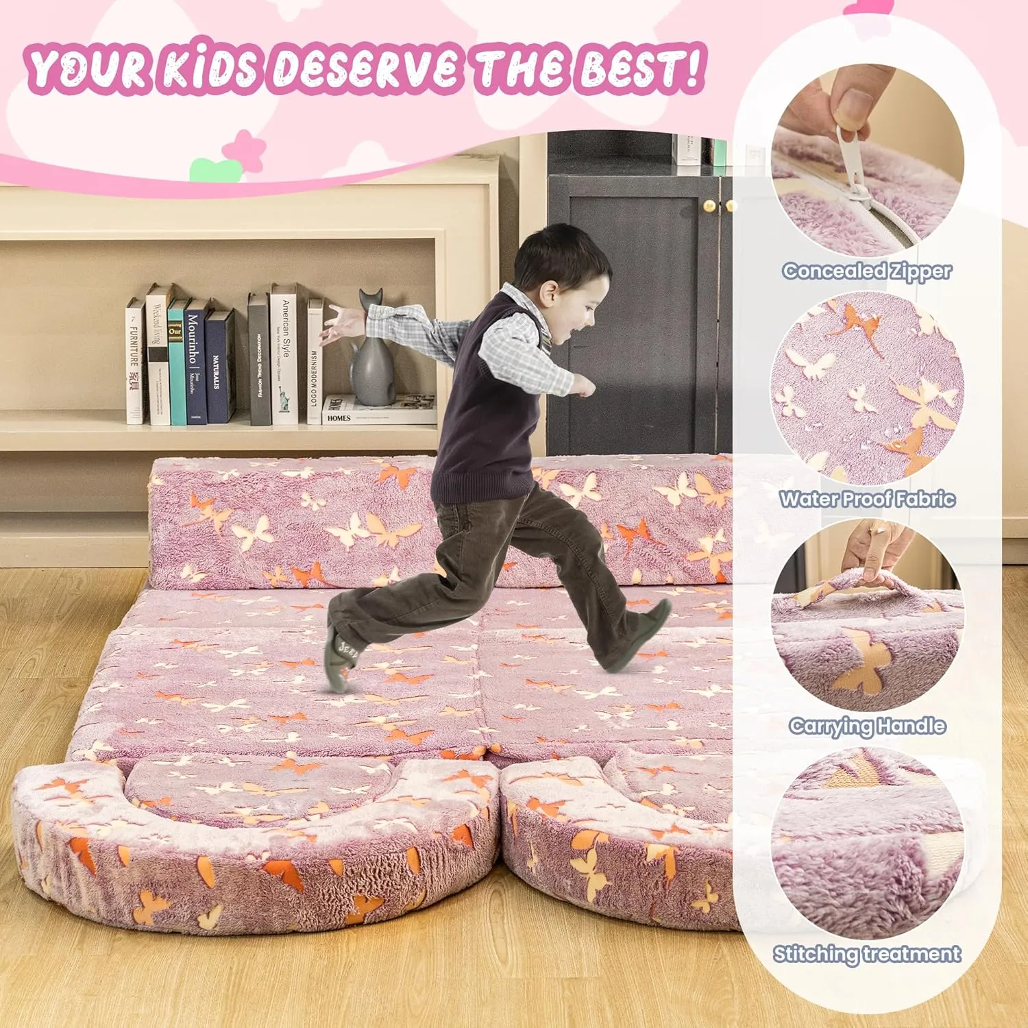 Play Fort, Instant Rebound 28D Foam Toddler Sofa for stream amalgamation conspiracy souvenir unwilling Playroom, Bedroom Furniture, Purple and Butterfly 10Pcs Modular Kids Play Couch Glow, Convertible 