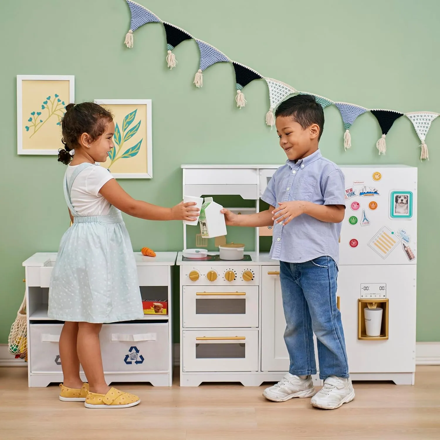 Play Kitchen with Interactive$ Realistic Features$ and 17 Kitchen Accessories$ eminence for 3yrs and up$ Blue/White/Gold Teamson Kids Little Chef Atlanta Large Modular Wooden 